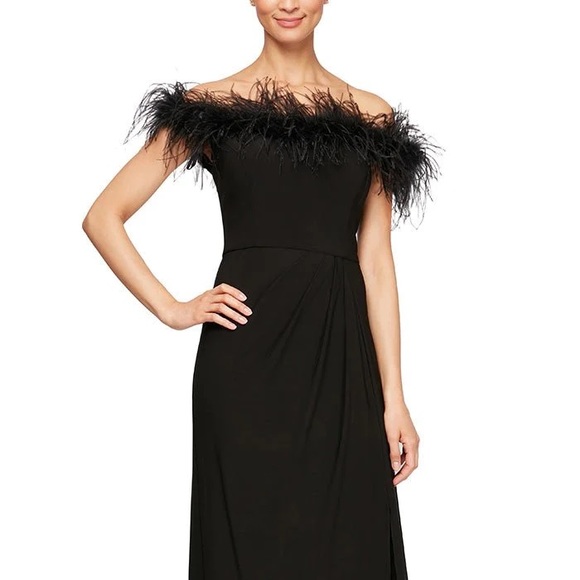 Off-the-Shoulder Matte Jersey Gown with Maribou Neckline - Picture 6 of 6
